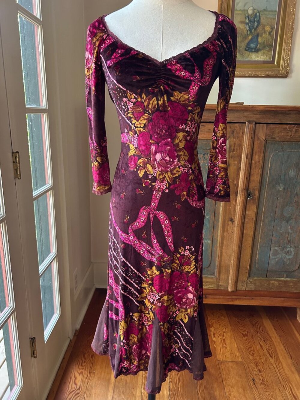 Vintage Betsey Johnson New York Floral Velvet Dress